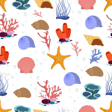 Flat cartoon style seamless pattern, sea world, underwater life. Bright background for web page, print, textil.