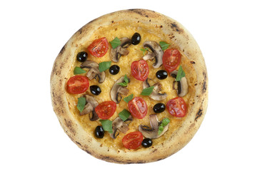 pizza with tomatoes, mushrooms and olives, cut on a white background