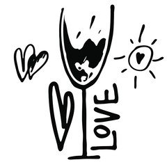 Vector element for greeting cards in vintage style. A glass of wine with the word love. The sun and hearts also decorate the background. Vector stock image on the theme of love and relationships.