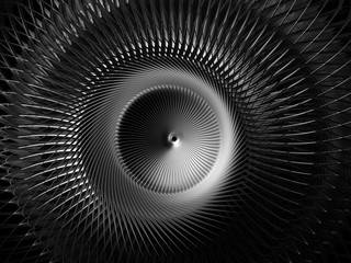 Fototapeta 3d render of abstract black and white monochrome art with industrial 3d background of part of turbine jet engine or saw with sharp curve blades in matte aluminum metal material on black background obraz