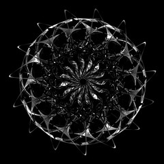 Fototapeta premium 3d render of abstract art of surreal black and white poisoned creepy spooky halloween symmetry flower or turbine jet engine with sharp blades in black glossy plastic and silver metal material