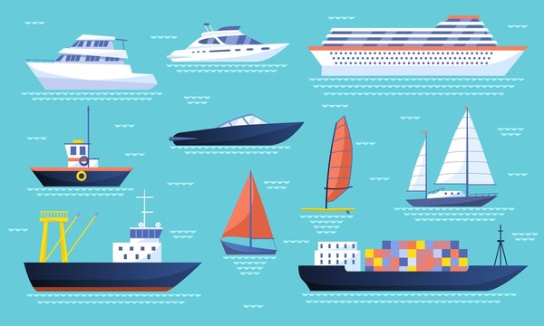 Collection of ships and sailboats on the ocean with a passenger liner, luxury yachts, speedboat, tanker, container ship, dinghy and sailboat, colored vector illustration