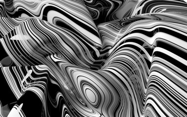 3d render of abstract art 3d topographic  landscape background with surreal mountains in wavy round lines pattern in black and white color or part of wavy curvy drapery textile scarf or blanket 