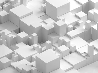 Obraz premium 3d render art of surreal black and white monochrome 3d background with small and big cubes bars or boxes in white plastic material on white surface, abstract minimalistic urban cubical city scape 