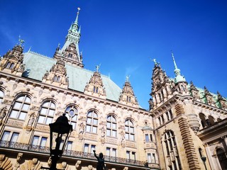 unset at city town hall with blue sky Hamburg Germany