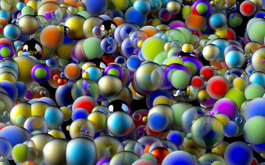 Fototapeta na wymiar 3d render of abstract art 3d background with surreal mix of small and big festive party particles balls or spheres in matte metallic material in green blue red orange and yellow color