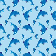 Illustrated cartoon dolphins on blue in seamless repeating pattern.