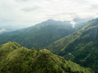 Fototapeta na wymiar Beautiful view on Adam's Little Peak. Aerial view. Tea plantation in green Sri Lanka.