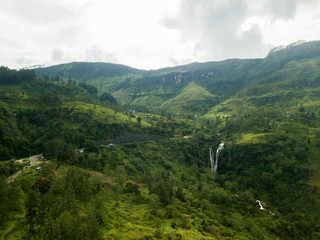 An aerial drone photograph of the Knuckles Forest Reserve Mountain Range in Meemure in the central...