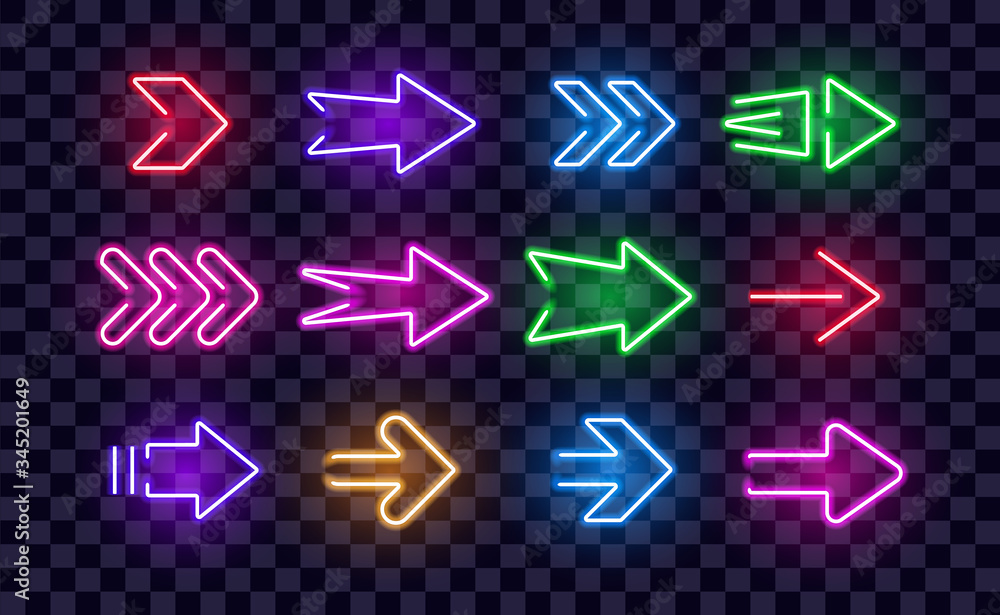 Poster neon right arrows colorful vector icons set. realistic glowing pointers on transparent background. l