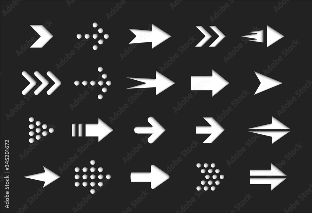 Aufkleber white arrows on black background, vector icons set, interface isolated symbols pack. next, forward, 