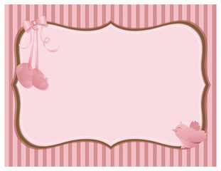 A vector illustration of a cute ornate scrapbook style background empty frame with  a pink bird and a pink pair of baby booties for a baby shower or newborn announcement