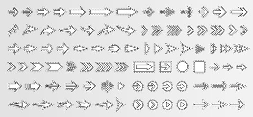 Arrows big collection, with borders and shadows, vector icon set. Paper monochrome sticker pack. Simple design template for web, advertising, business, presentation and other design projects.