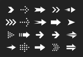 White arrows on black background, vector icons set, interface isolated symbols pack. Next, forward, previous buttons plain signs bundle. Cursors pictograms collection for web.