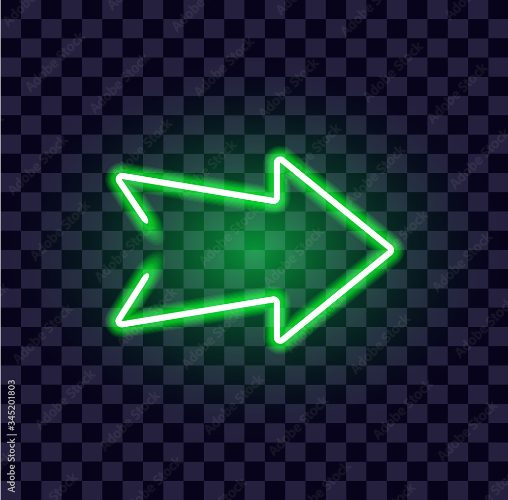 Poster neon arrow luminous indicator neon tube showing right direction to right side glowing vector icon on