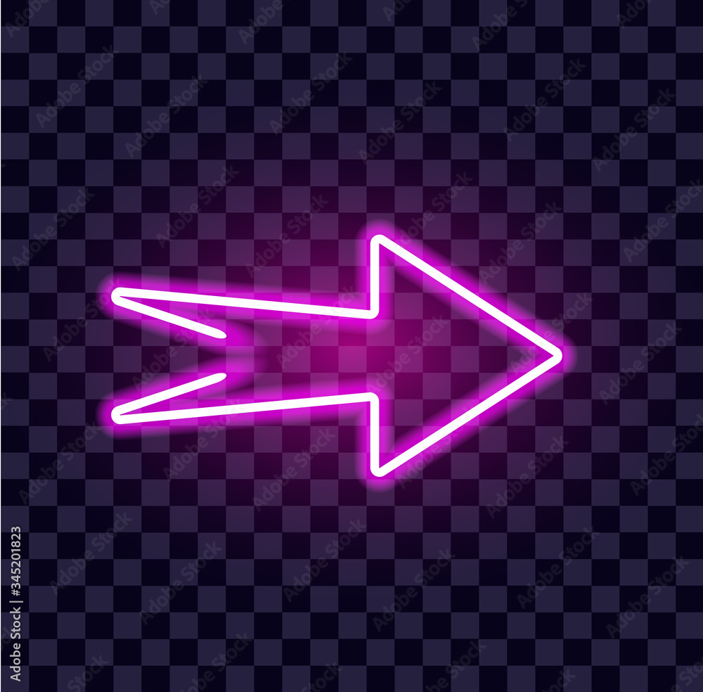Poster neon arrow luminous indicator neon tube showing right direction to right side glowing vector icon on