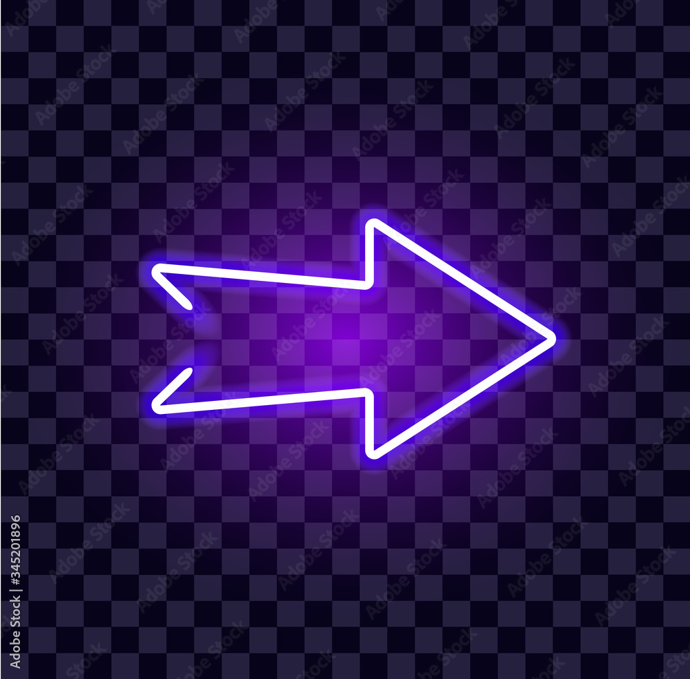 Poster neon arrow luminous indicator neon tube showing right direction to right side glowing vector icon on