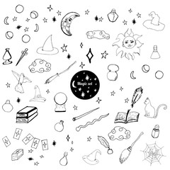 Hand drawn doodle set of occult symbols. Magic symbols set. Magic elements collection.