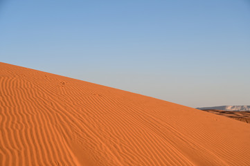 Fototapeta na wymiar Red sand in the Arabian desert and mountain top at the background (Tuwaiq). In Saudi Arabia near Riyadh (Mozahmeia area)