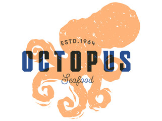 fish silhouettede sign, octopus vector emblem, seafood restaurant label, food market menu badge
