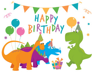 Obraz na płótnie Canvas A vector illustration of a cute dinosaur birthday party set with a Tyrannosaurus Rex, Stegosaurus, Triceratops and Apatosaurus wearing party hats with balloons and decorations