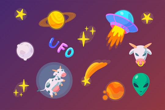 flat ufo sticker pack in fantasy style. Alien Doodle icon set illustration. Space childish vector object. Spaceship, aliens, cow, stars, comet, saturn, moon, mars digital clipart
