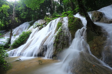 Pha Tat Waterfall (Namtok Pha Tat) A large waterfall within the area of Khuean Srinagarindra National Park Kanchanaburi, Thailand.