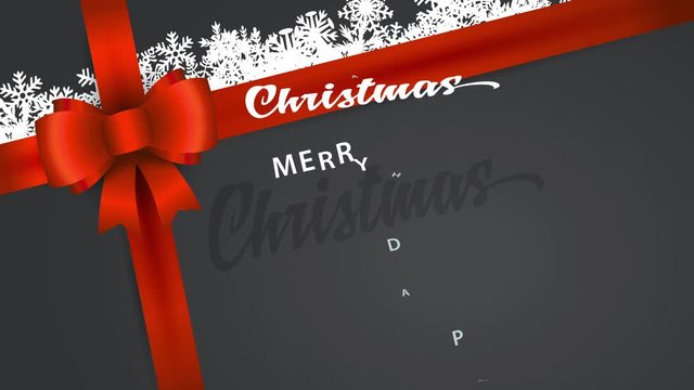 gift with text merry christmas and happy new year hand written in cursive font on paper wrapping decorated with red bow and white snowflakes