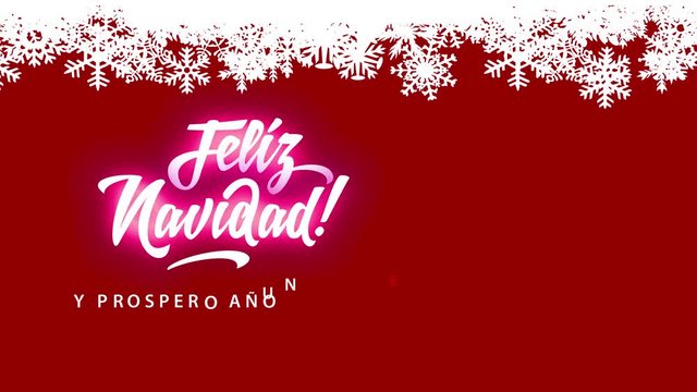 feliz navidad y prospero ano nuevo merry xmas in spanish written in tiny fashionable and cursive offset on red scene under white top made with flake