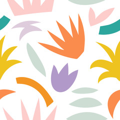 Seamless pattern with jungle leaves, flowers and plants. Contemporary hawaiian floral сollage. Modern exotic art with abstract natural shapes in pastel colors. Vector illustration.