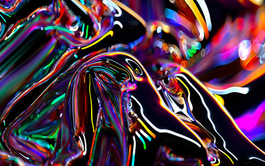 Obraz na płótnie Canvas 3d render of abstract art of surreal festive neon multi color light lines 3d background based on curve wavy part of drapery scarf with mirror and depth of field effect