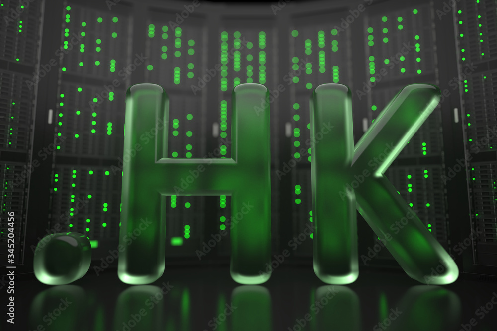 Aufkleber domain .hk on server room background. internet in hong kong related conceptual 3d rendering