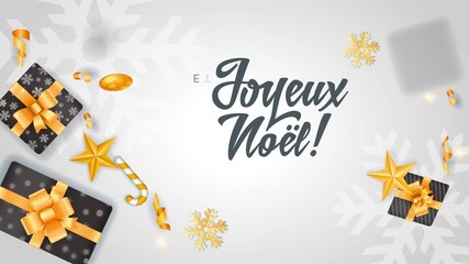 german joyeux noel et bonne annee written on white background with gift boxes wrapped with christmas paper with snowflakes and golden bows surrounded by stars confetti and tree bulbs