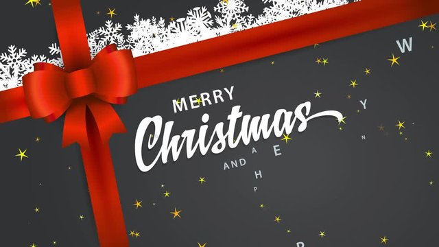present with text merry xmas and satisfied new year fingers written in cursive letter on cardboard wrapping garnished with red bow and white snowflakes