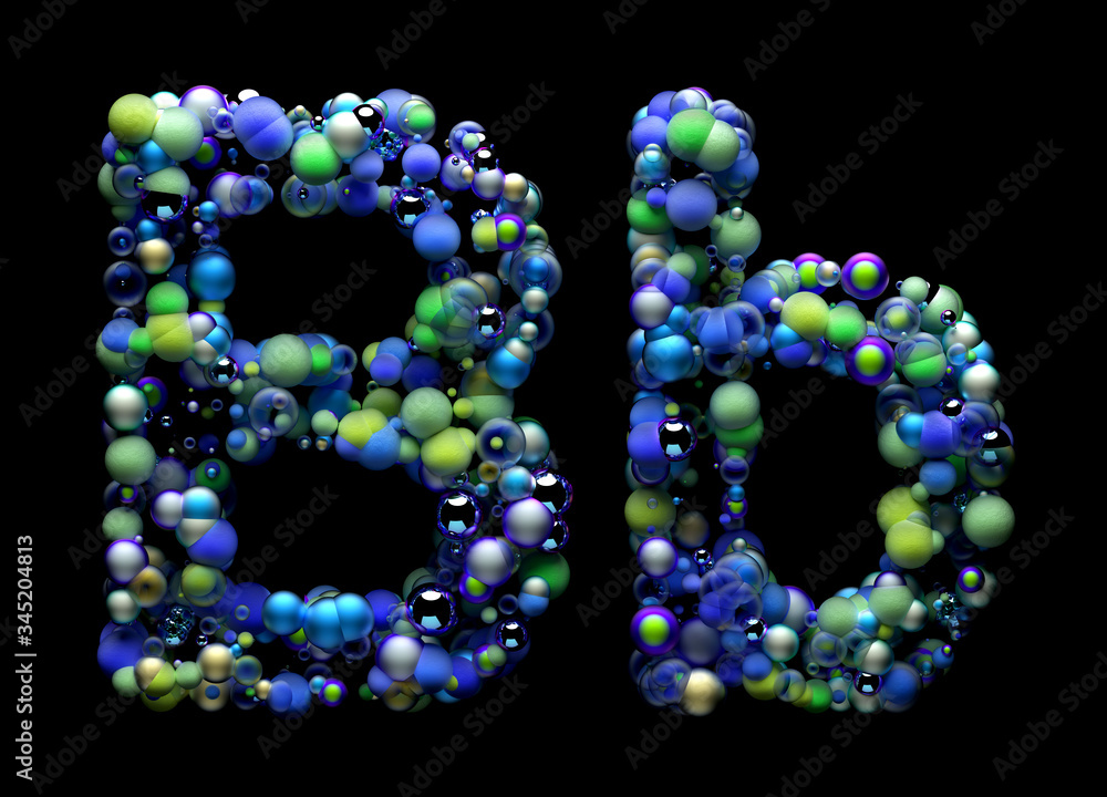 Poster 3d render of abstract art alphabet 3d letters b, uppercase and lowercase, based on small balls parti