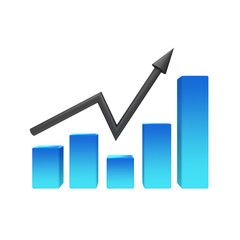Stock Market Performance 2020 Blue Bar Graph with Arrow going upwards on isolated white background. 3D Illustration