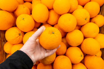 a grocery store customer chooses an orange with a gloved hand due to the risk of infection