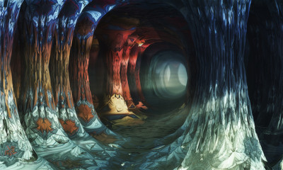 Fantastic forest, tunnel with columns, light at the end. 3d illustration