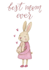 Watercolor card with bunnies mom and baby and handwritten 