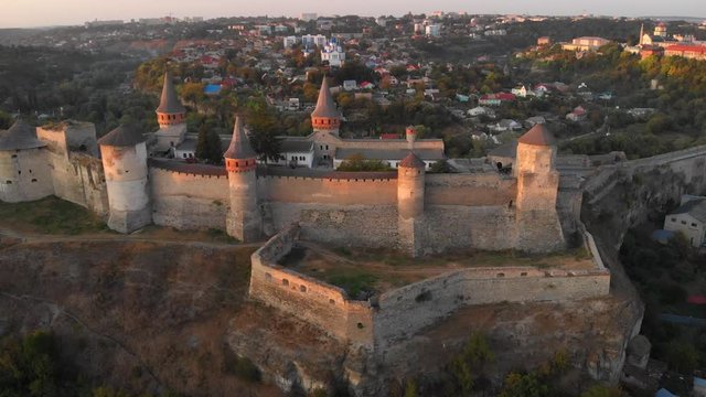 Aproaching Aerial view of Kamianets Podilskyi Castle