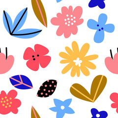 Hand drawn colorful floral seamless repeat pattern. Spring, summer flowers, trendy colors. Scandinavian style. Contemporary art for fabric, wrapping paper, wall art, packaging. Vector illustration