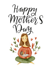 Watercolor card with a girl with a baby on the rivers and handwritten inscription 