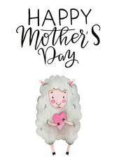 Watercolor card with a sheep with a pink heart and handwritten inscription 