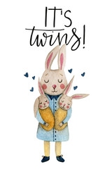 Watercolor card with a bunny with two kids and handwritten inscription 