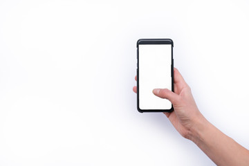 Woman using mobile smart phone isolated on white background.