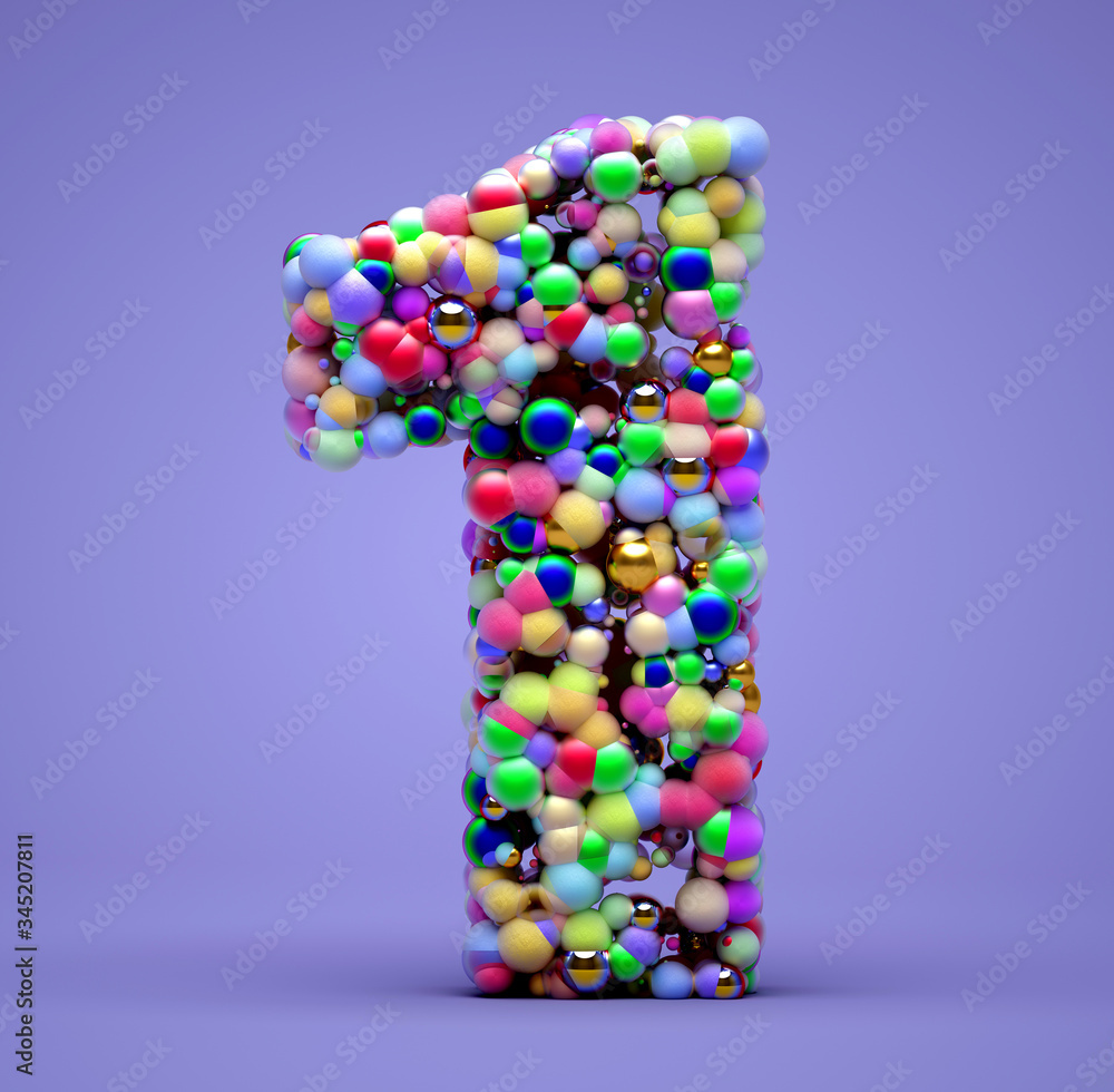 Poster 3d render of abstract art of symbol letter or sign number one based on small color candy balls parti