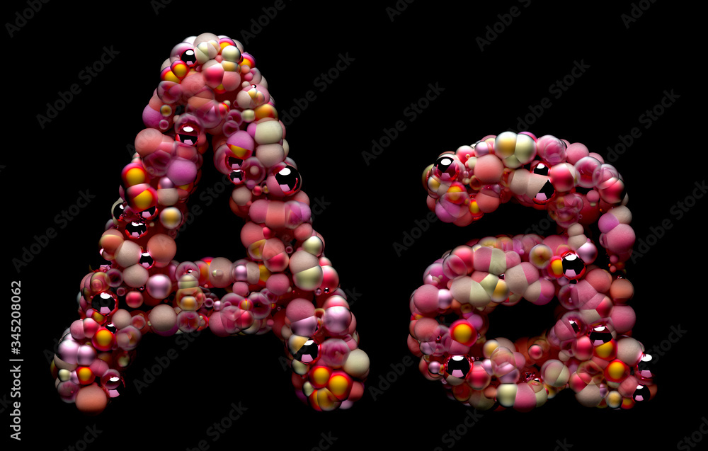 Poster 3d render of abstract art alphabet 3d letters a, uppercase and lowercase, based on small balls parti