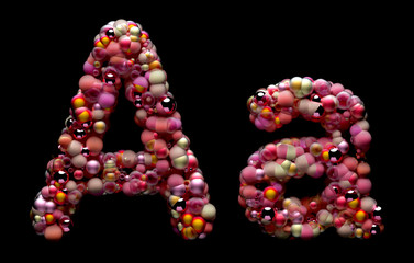 3d render of abstract art alphabet 3d letters a, uppercase and lowercase,  based on small balls particles in glass metal rough ceramic and glossy plastic material in red yellow orange and pink color