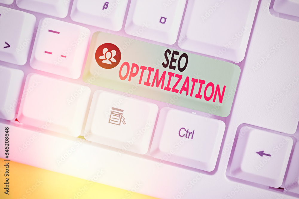Poster word writing text seo optimization. business photo showcasing process of affecting online visibility