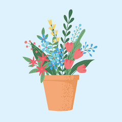 Isolated beautiful flower bouquets in wrapping and blooming plant in clay or plastic flowerpots. Tulip and bud composition. Decorative florist shop item blue background